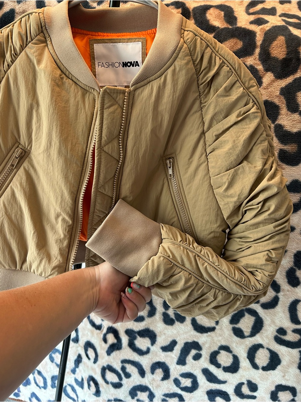 Fashion Nova Khaki Bomber Jacket with Orange Lining - Picture 3 of 3